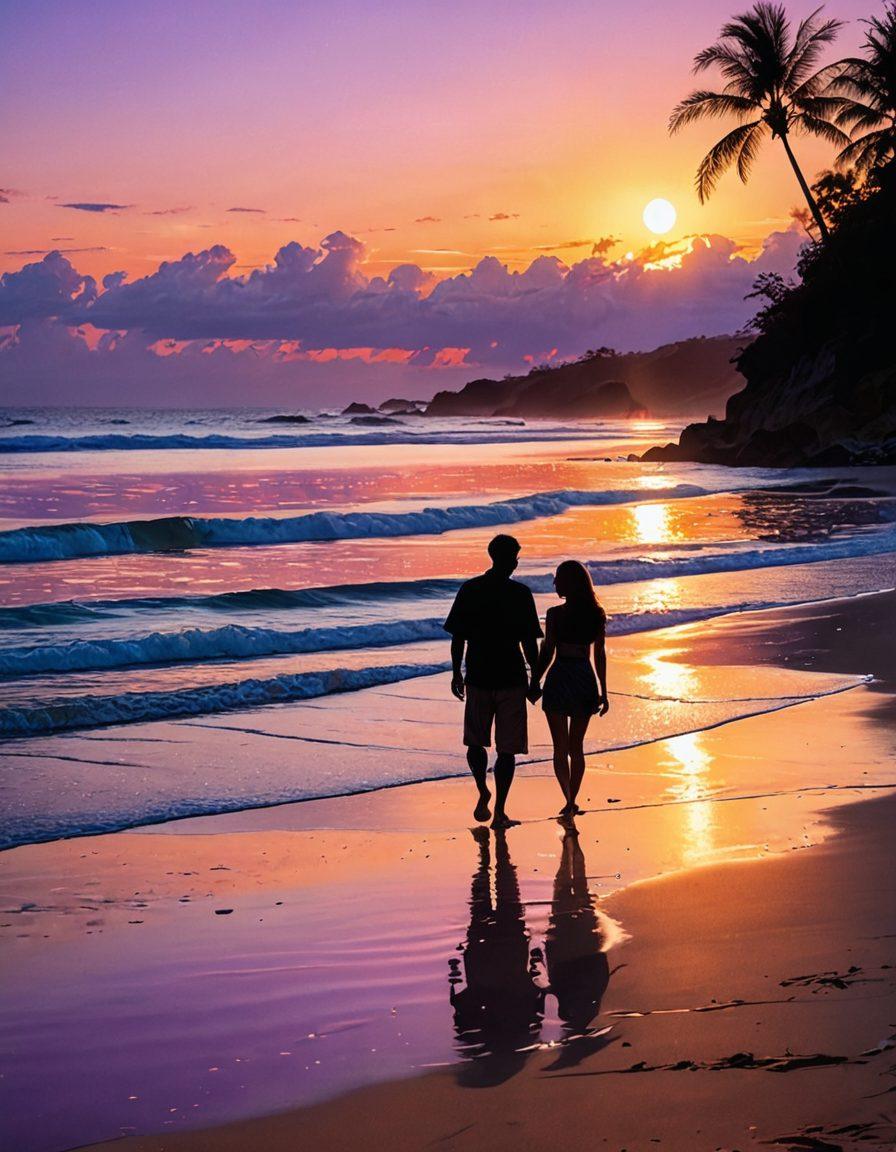 A serene beach at sunset, showcasing soft, sensual waves lapping against a sandy shore. In the foreground, a silhouette of a couple enjoying a playful moment, embodying a carefree, intimate lifestyle. The colors should be warm, blending oranges and purples with subtle glimmers of light reflecting on the water. Add elements of tropical foliage and artistic hints of anime-style characters subtly integrated into the scene, reflecting the hentai genre. vibrant colors. painting.