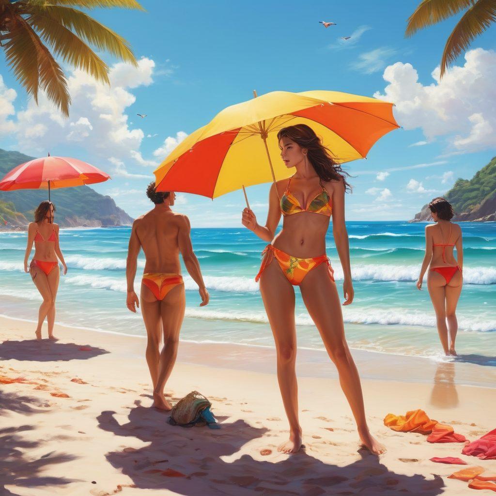 A vibrant beach scene featuring fashionable characters in stylish swimwear, with hints of erotic art elements subtly blended into the background. Waves crashing onto the shore create a dynamic atmosphere, while colorful beach umbrellas and playful beachgoers add energy. Include elements of Hentai anime in an artistic manner, capturing a sense of desire and allure. The overall color palette should be bright and inviting. super-realistic. vibrant colors. beach setting.